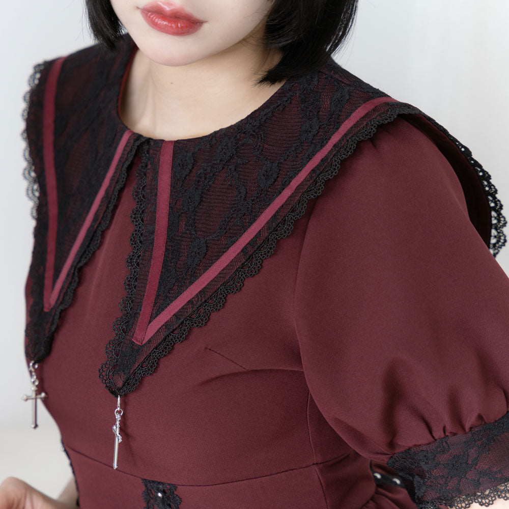 【新品タグ付き】ディアマイラブ 角襟十字架スタッズベルトティアードワンピース 角襟十字架スタッズベルトティアードワンピース – レディース