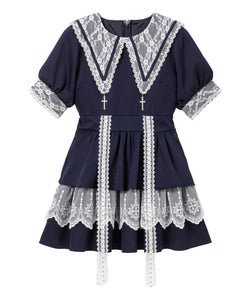十字架チャーム角襟レースティアードワンピース