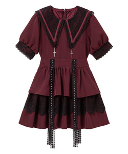 十字架チャーム角襟レースティアードワンピース