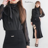 上品ボウタイリボン取り外し可/袖シアーブラウス【M/L/LL/3L】【大きいサイズ有】