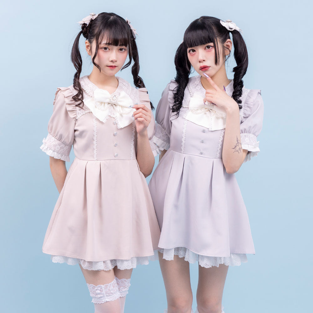 レース重ねパールリボンお嬢様ワンピース – レディースファッション