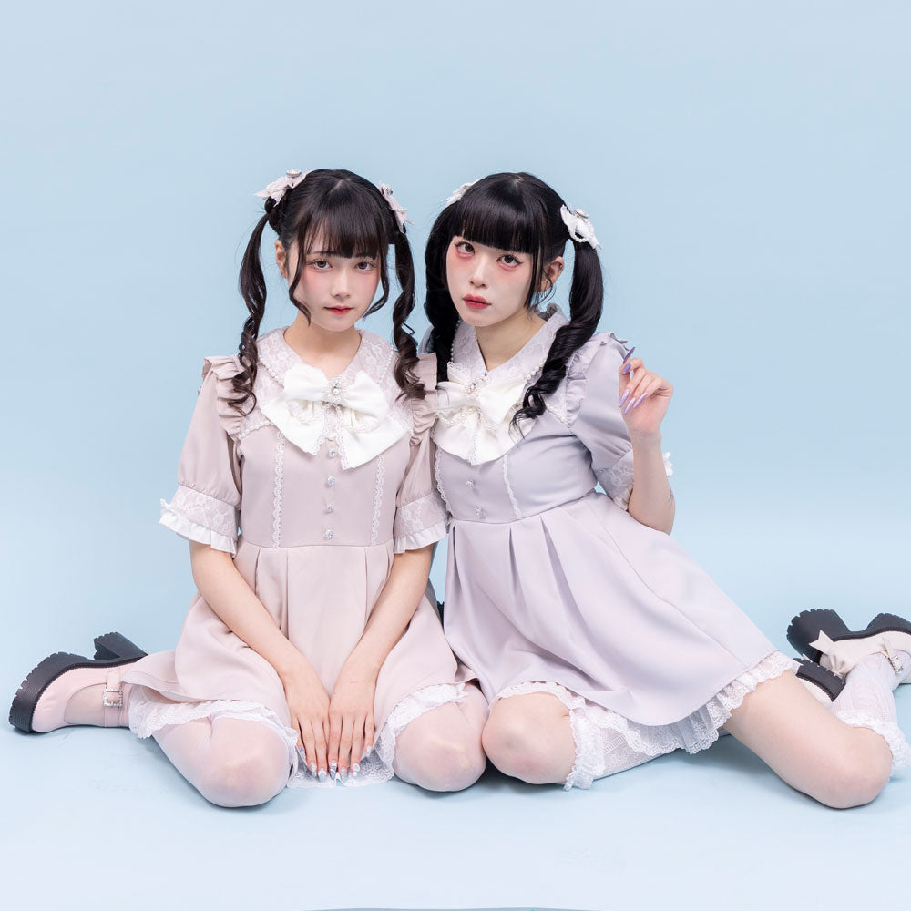 レース重ねパールリボンお嬢様ワンピース – レディースファッション