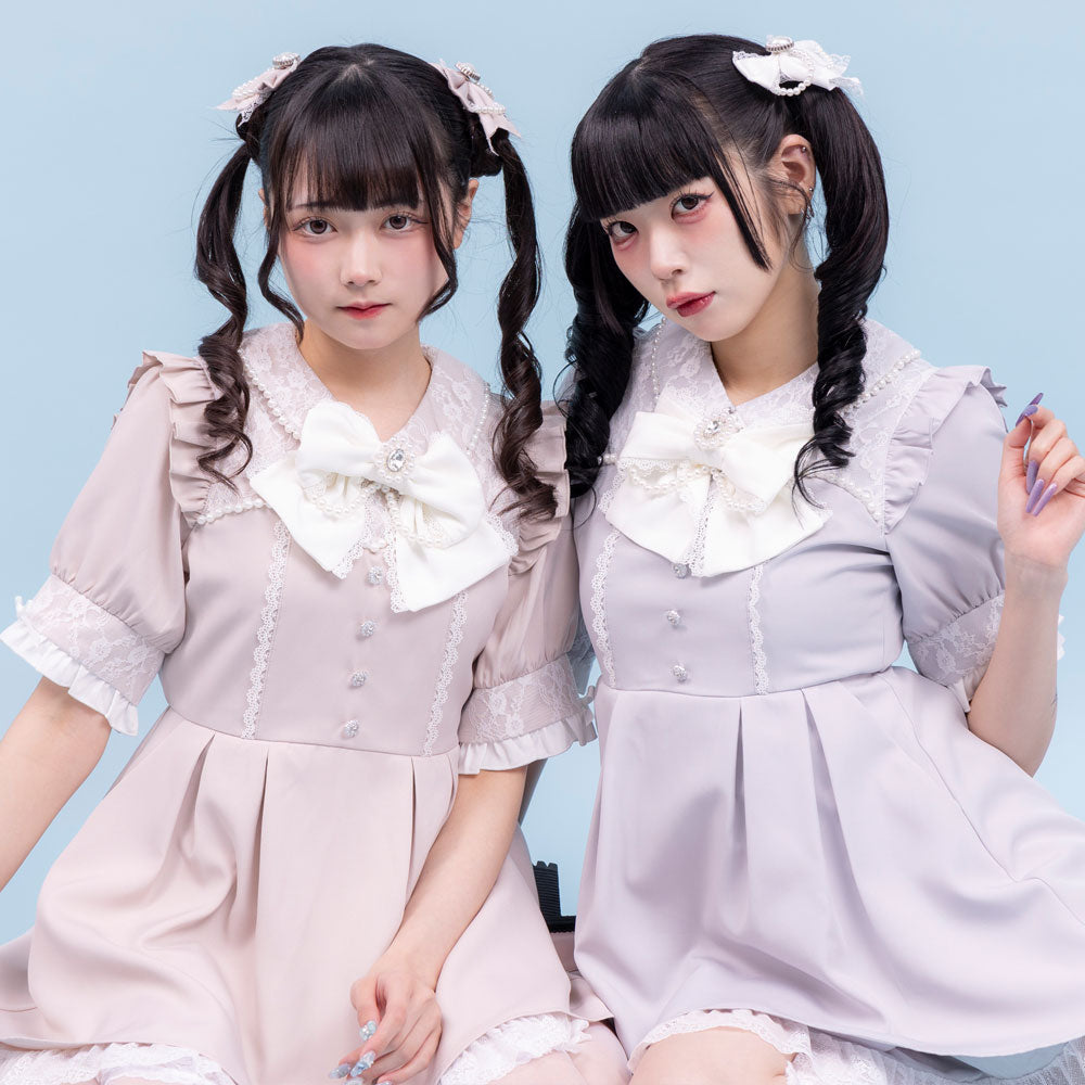 レース重ねパールリボンお嬢様ワンピース – レディースファッション