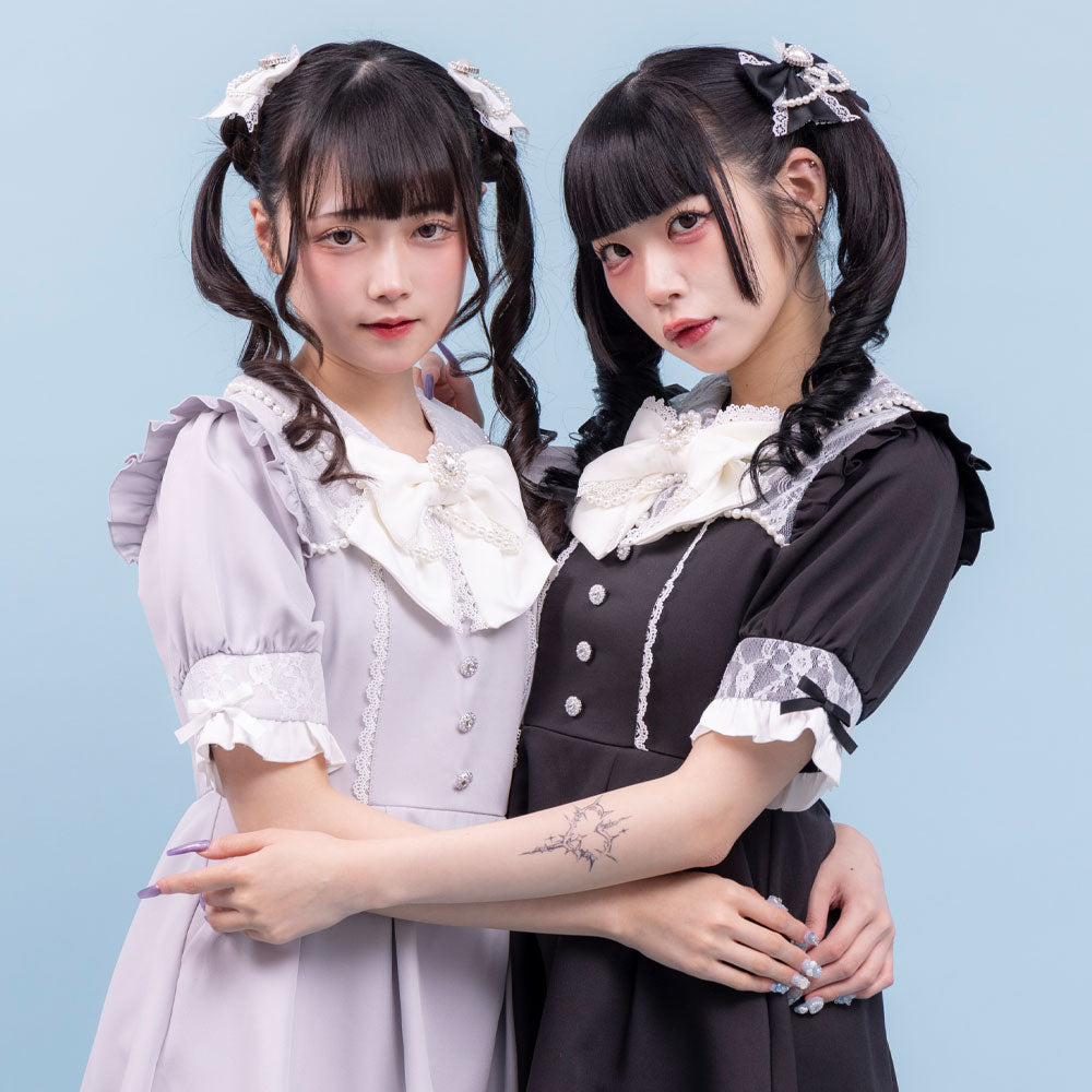 レース重ねパールリボンお嬢様ワンピース – レディース