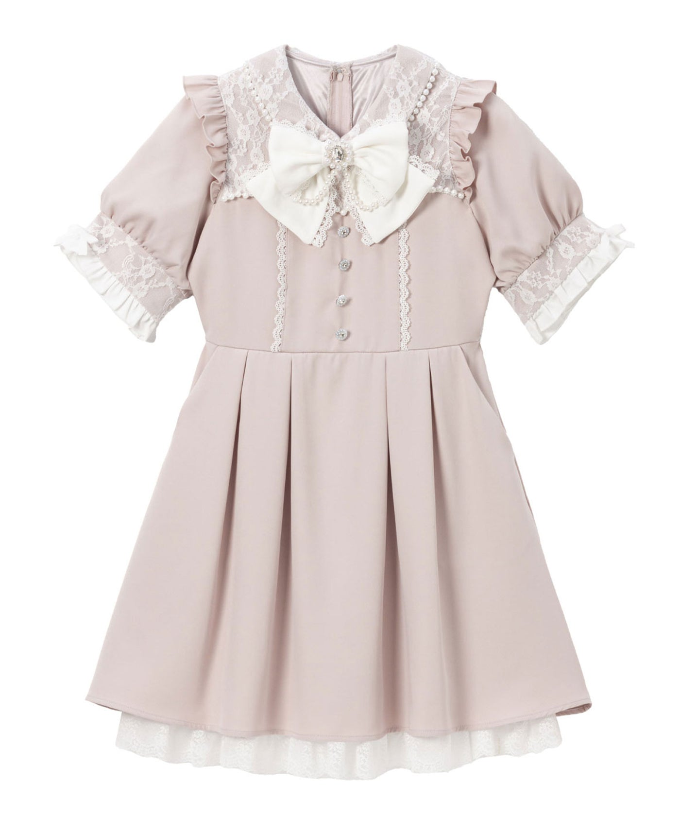 レース重ねパールリボンお嬢様ワンピース　ピンク　夢展望　大きいサイズ レース重ねパールリボンお嬢様ワンピース – レディース