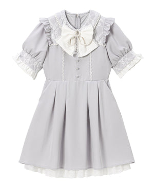 レース重ねパールリボンお嬢様ワンピース