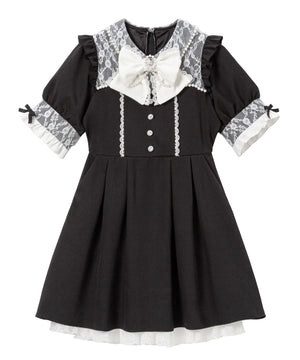 レース重ねパールリボンお嬢様ワンピース