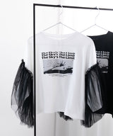 デザインプリントチュールスリーブTシャツ