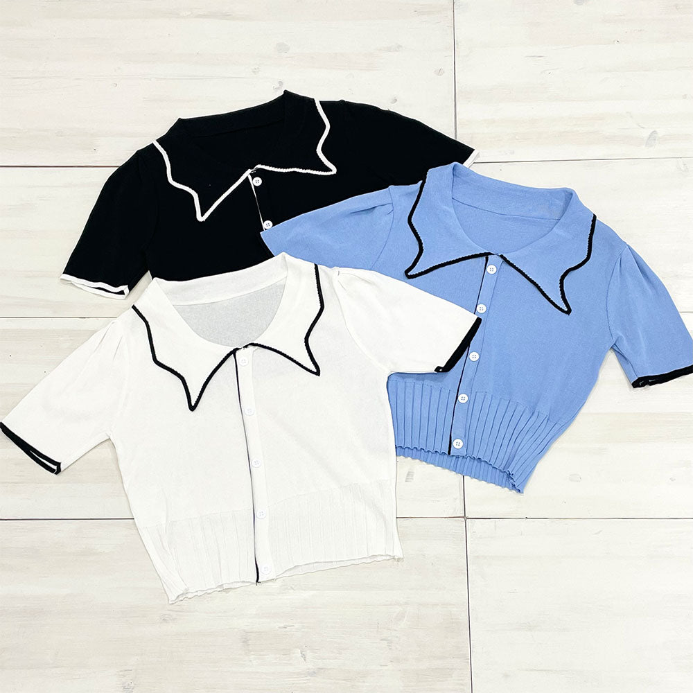 メール便】バイカラーパフスリーブ半袖ニット – レディース