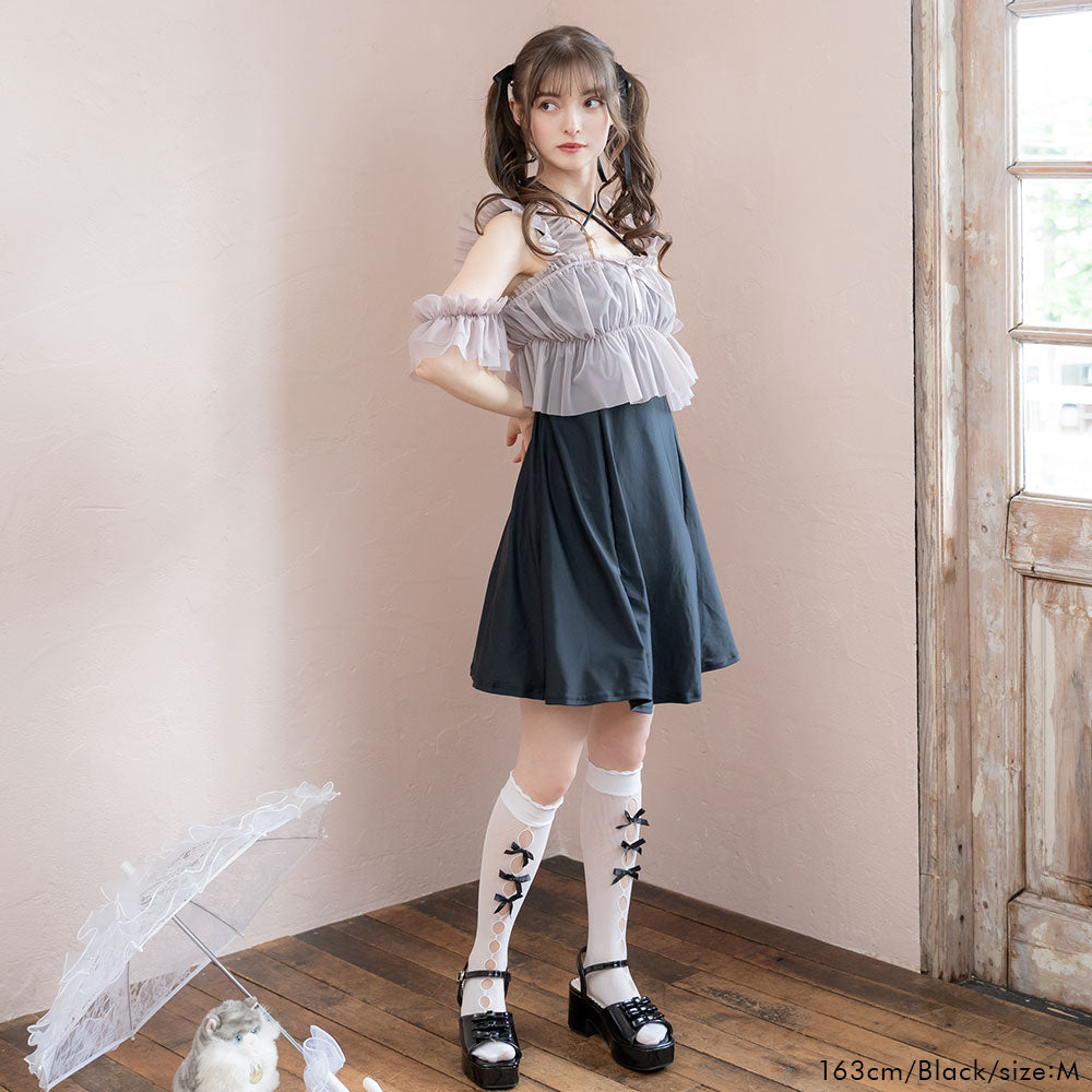 長袖チュール フリル チュール レディー ワンピース 水着 UVカット/水着】チュールフリル長袖ワンピース | マーキーズ