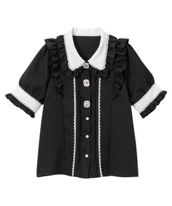 パール襟ビジューフリルブラウス