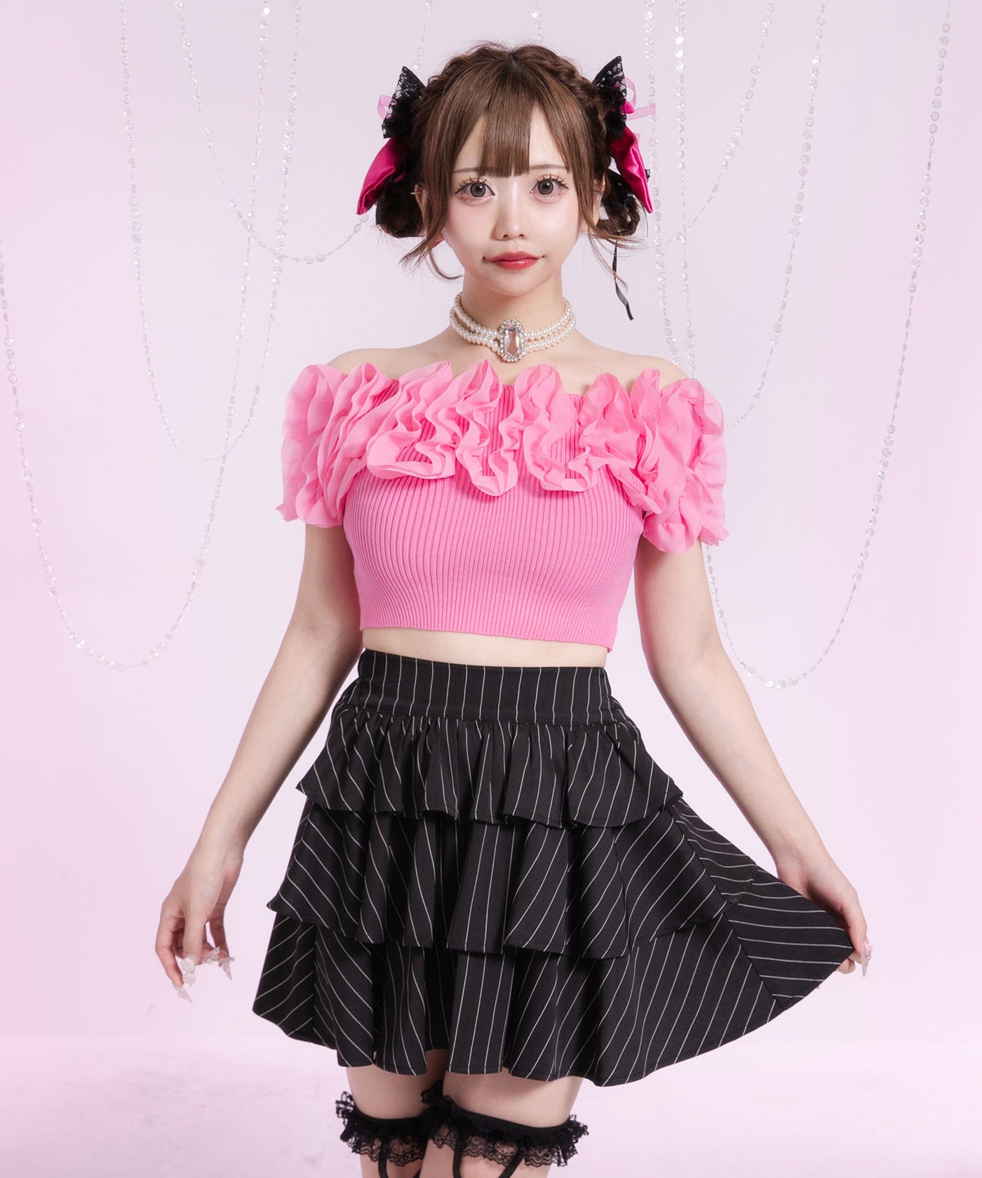 メール便】ウェーブシフォンオフショルニットトップス