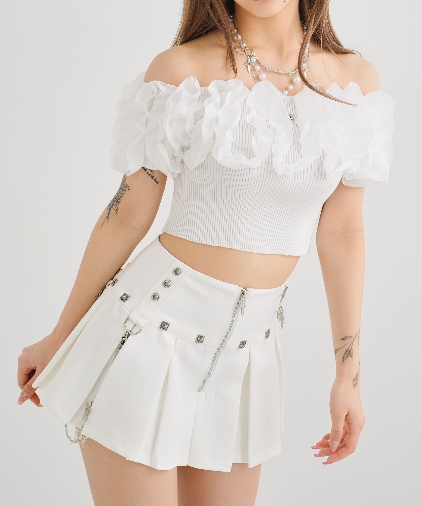mmeeme ロージーシフォンオフショルベアトップス Rosy chiffon off