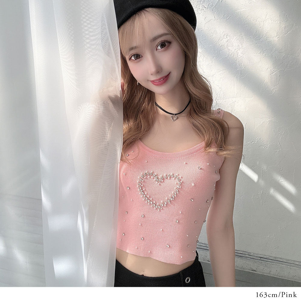 メール便】ビジューストーンハートさらさらニットキャミソール