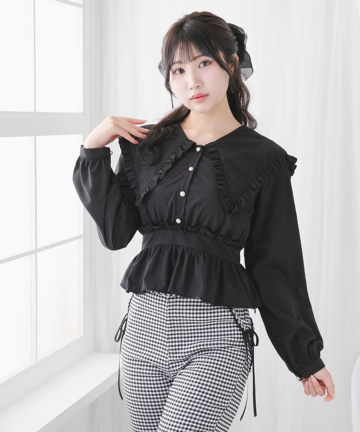 ブラウス シャツ ビッグリボンペプラムブラウス レディース Fit more ブラウス シャツ ビッグリボンペプラムブラウス