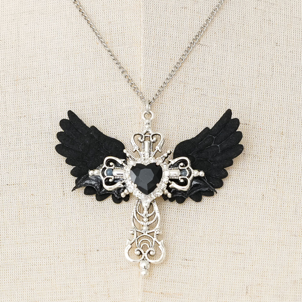 ハンドメイド 羽と木製十字架 ネックレス ハンドメイド 羽根付き木製十字架ネックレス