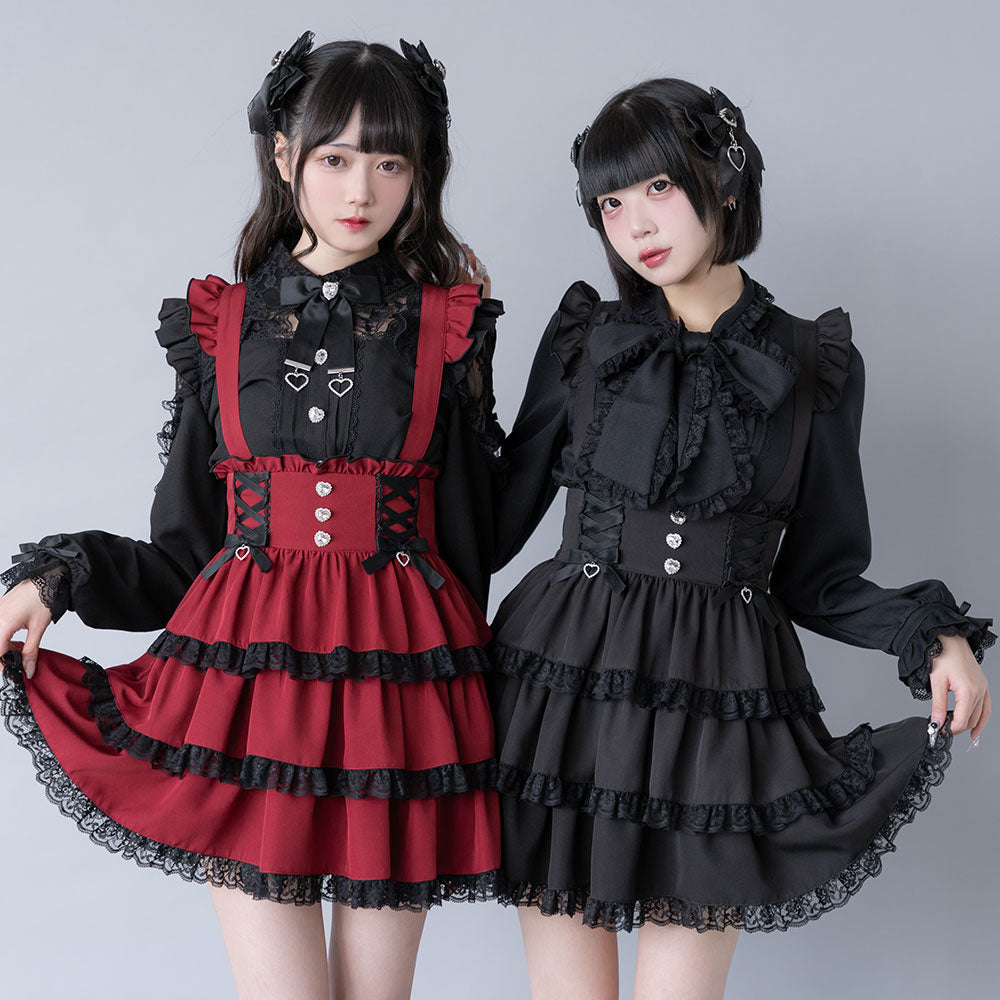 ハートビジューレースアップリボンフレアスカート – レディース