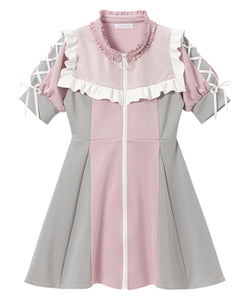 ヨークメッシュレースアップジャージワンピース