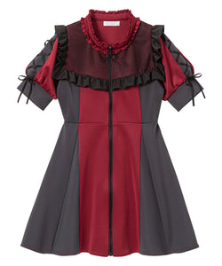 ヨークメッシュレースアップジャージワンピース