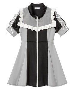 ヨークメッシュレースアップジャージワンピース