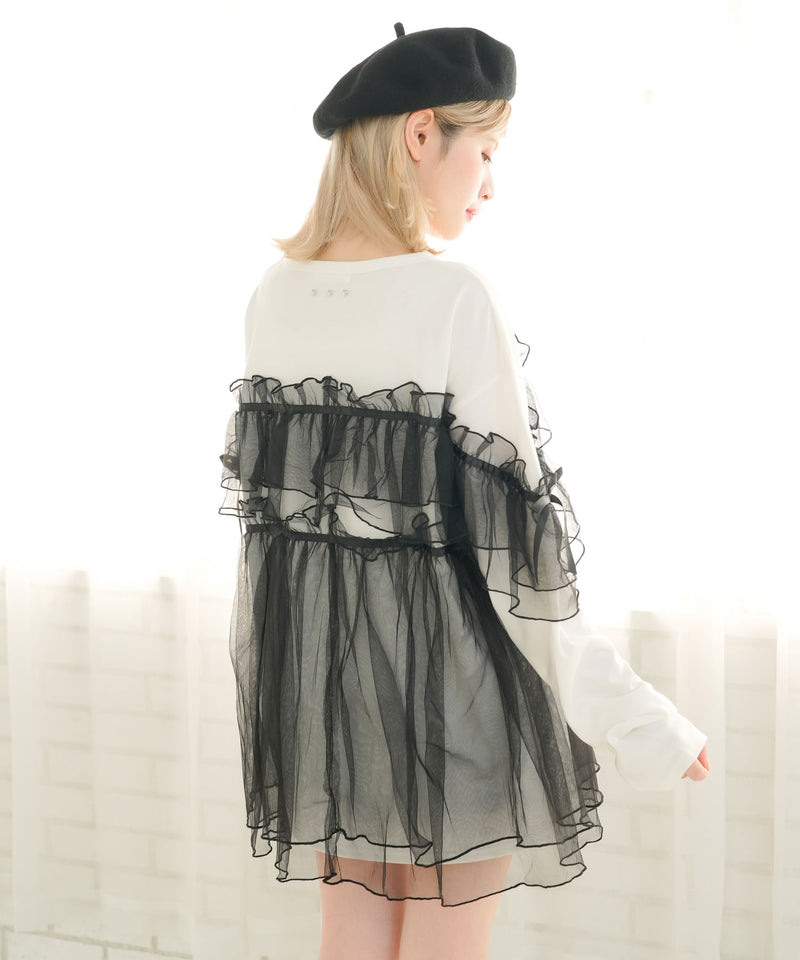 チュールフリルリボンチュニックロンT【大きいサイズ有】