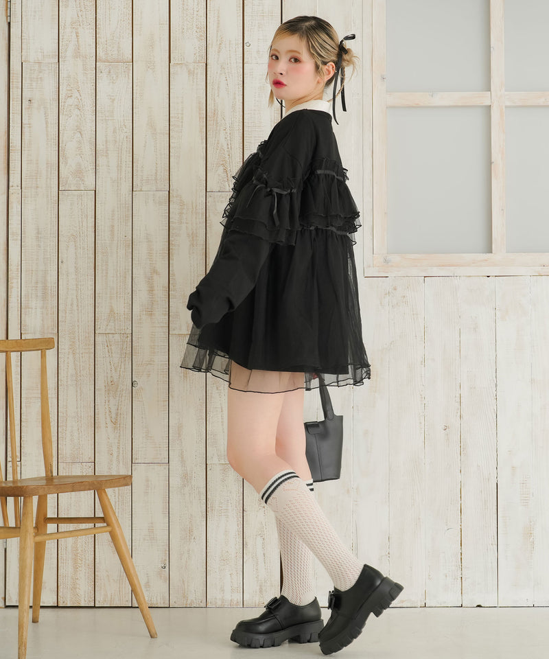 チュールフリルリボンチュニックロンT【大きいサイズ有】