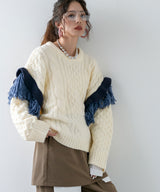 フリンジスリーブハニカムボリュームニット