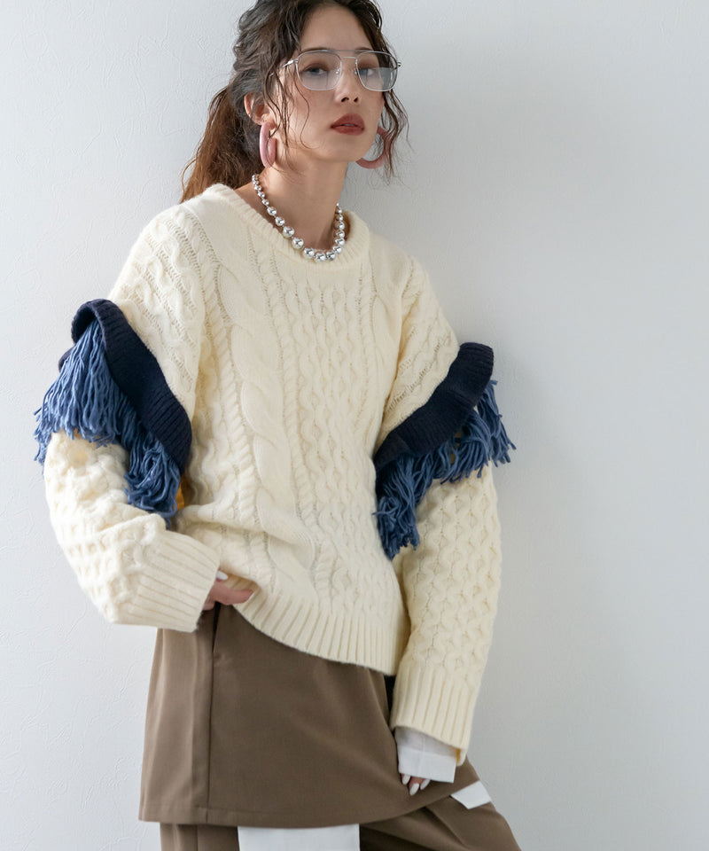 フリンジスリーブハニカムボリュームニット