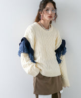 フリンジスリーブハニカムボリュームニット