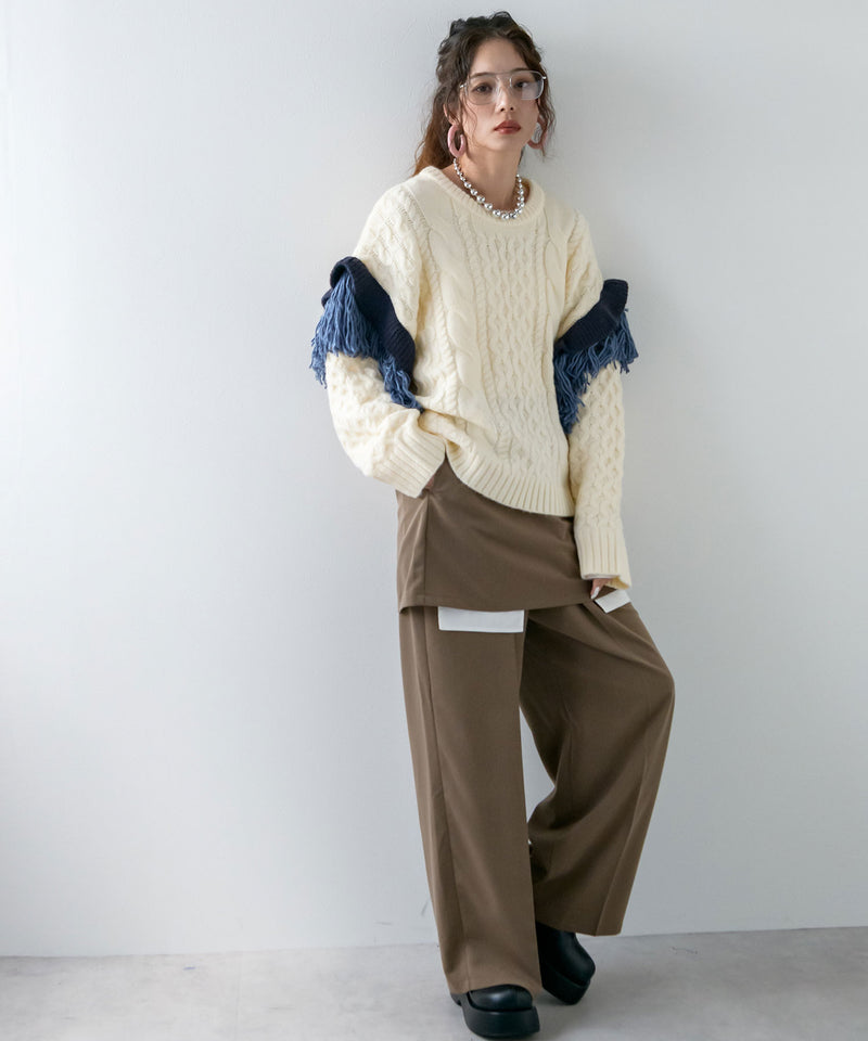 フリンジスリーブハニカムボリュームニット