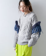 フリンジスリーブハニカムボリュームニット