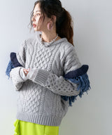 フリンジスリーブハニカムボリュームニット