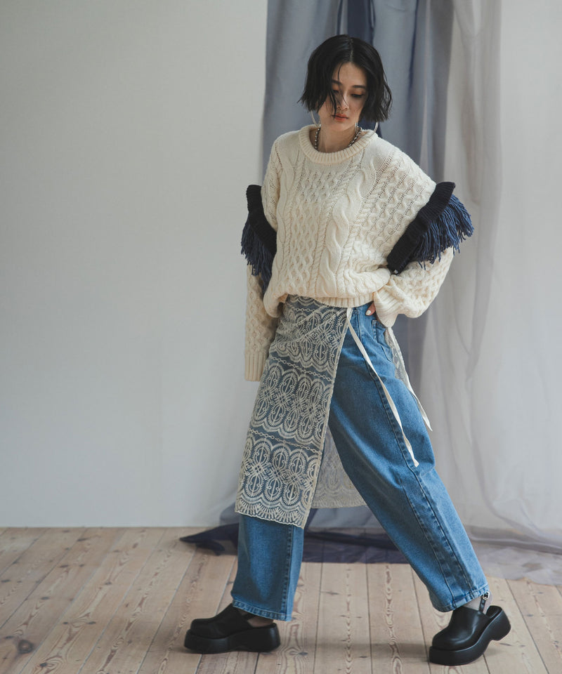 フリンジスリーブハニカムボリュームニット