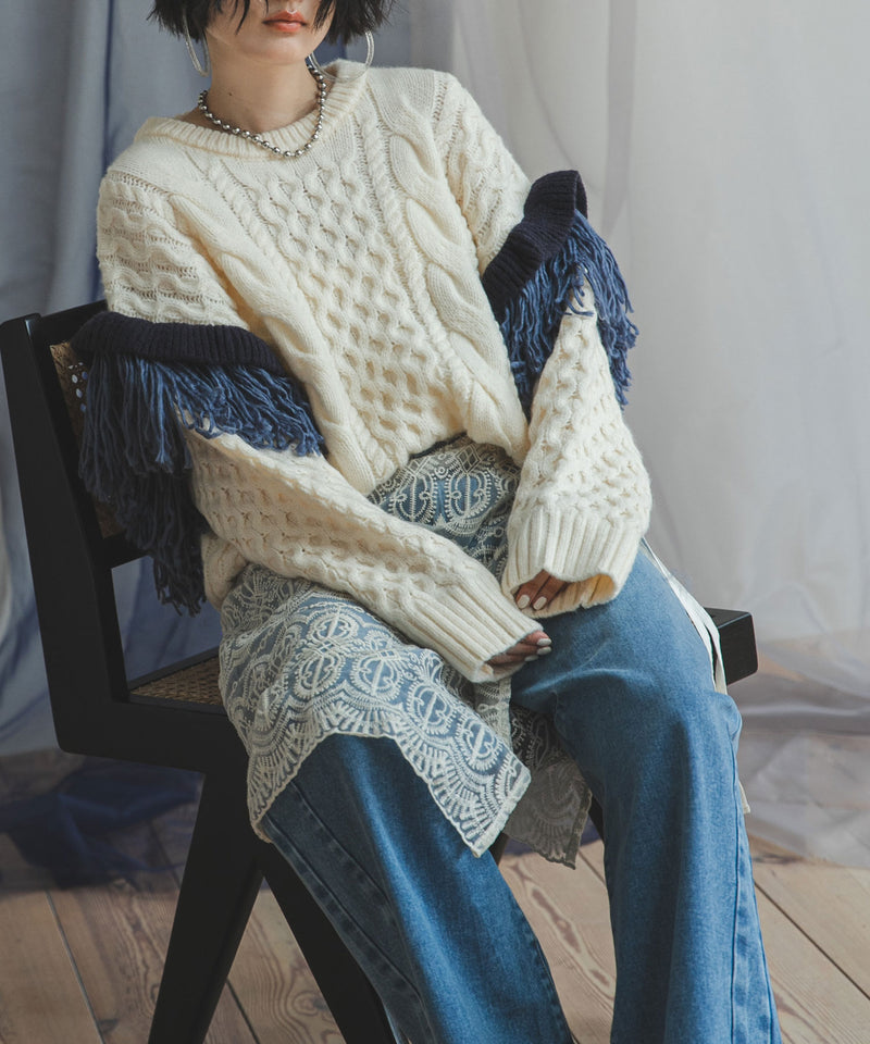 フリンジスリーブハニカムボリュームニット