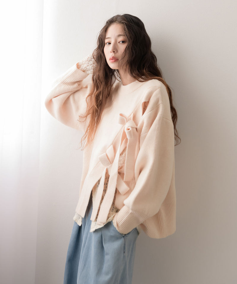 Wリボンスリットニット