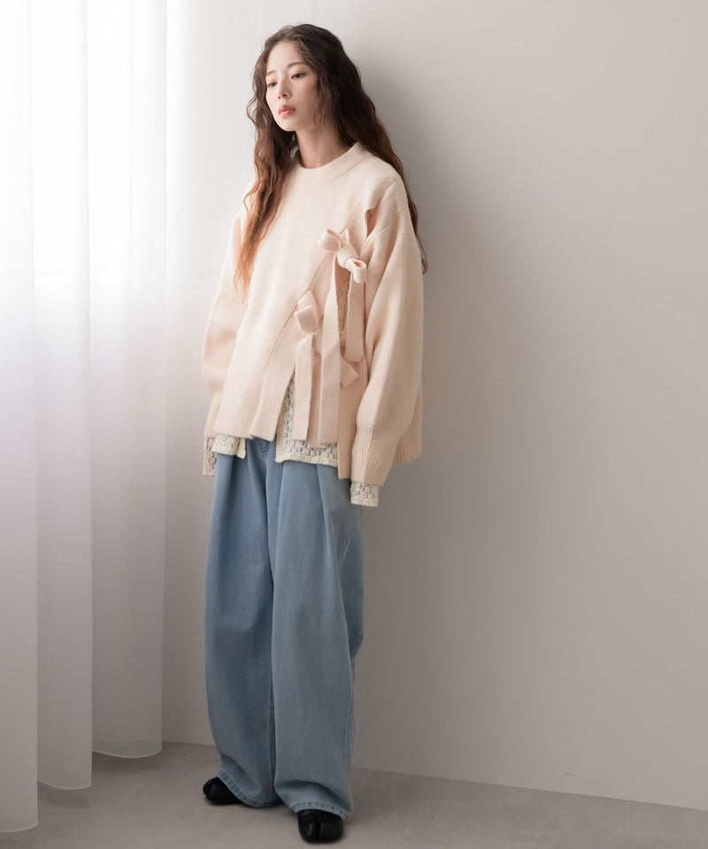 Wリボンスリットニット