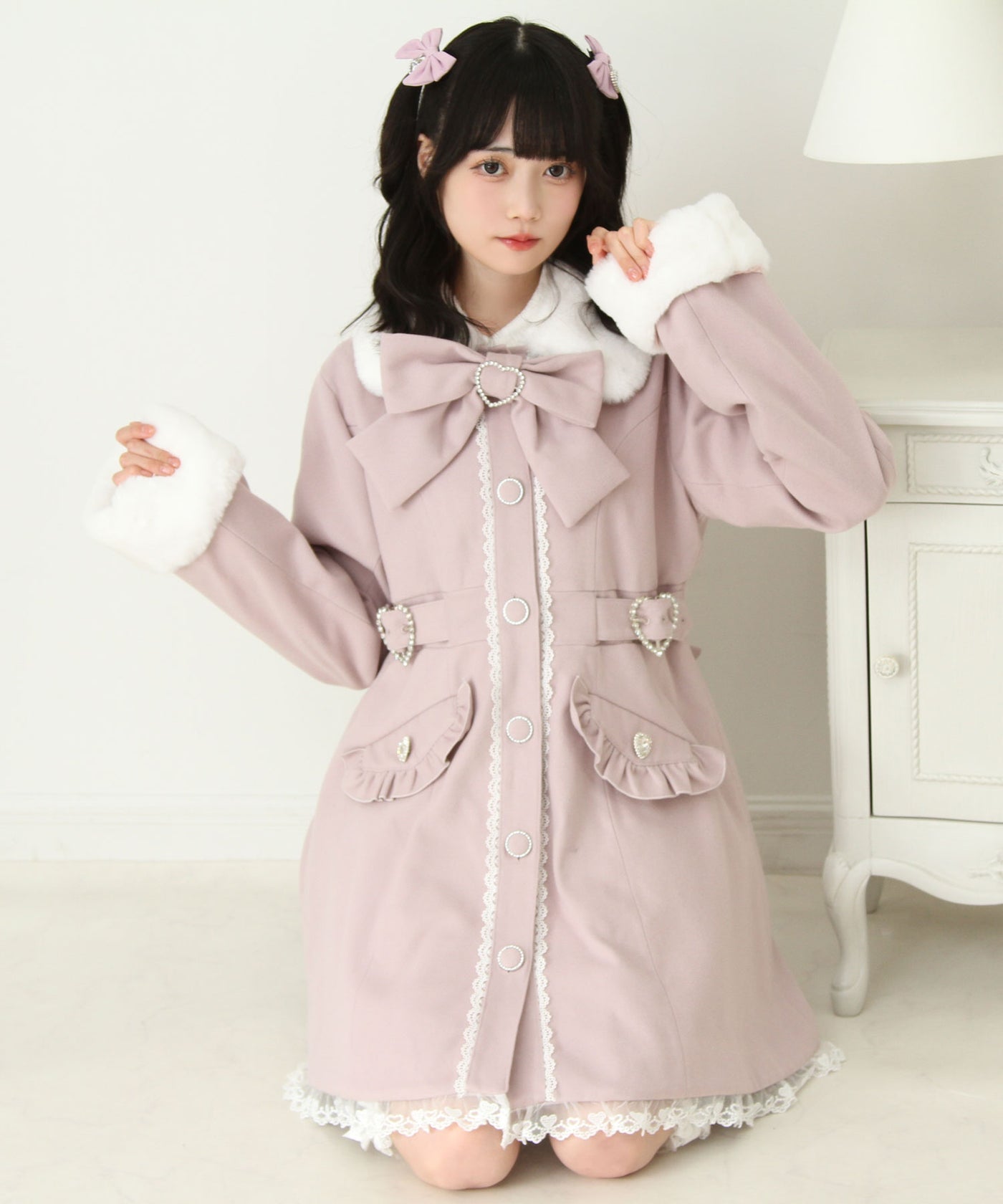 DearMyLove 通しレースリボンフェイクファーフリルロングコート ピンク ハートたっぷりフリルAラインファーコート – レディース