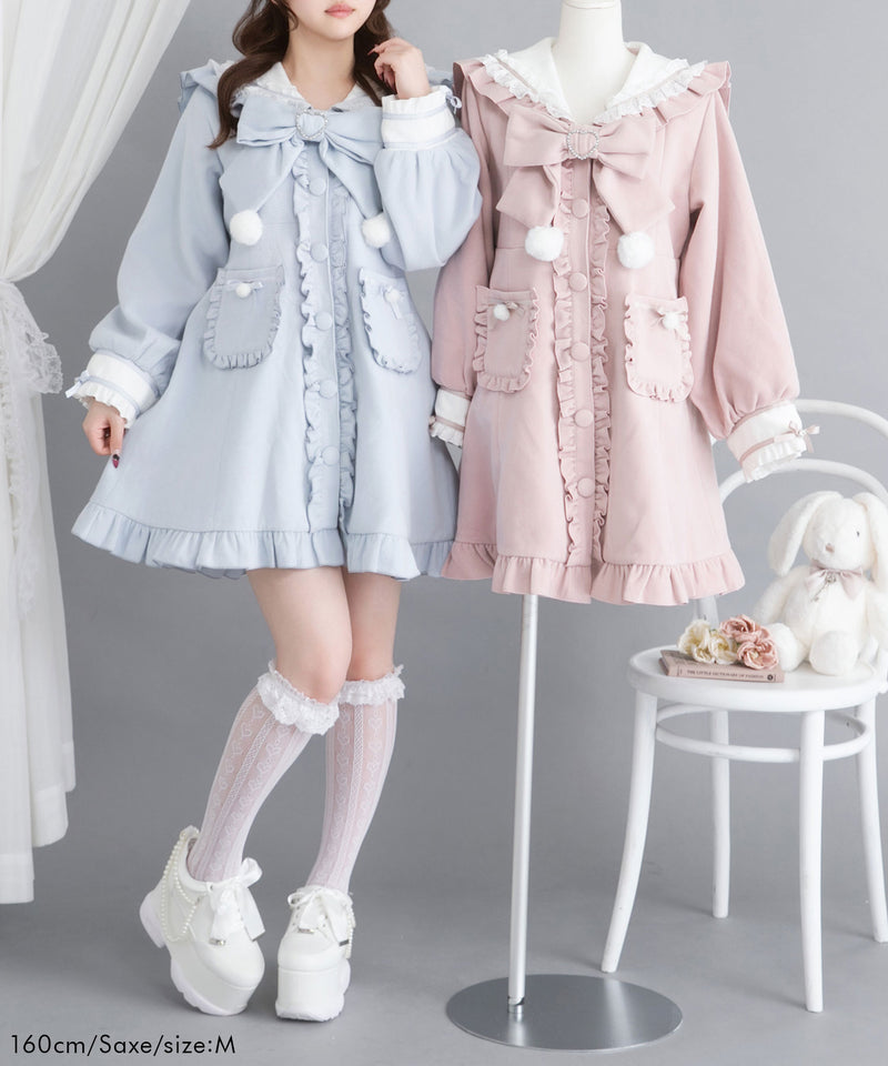 ポンポンリボンセーラー襟フリルコート