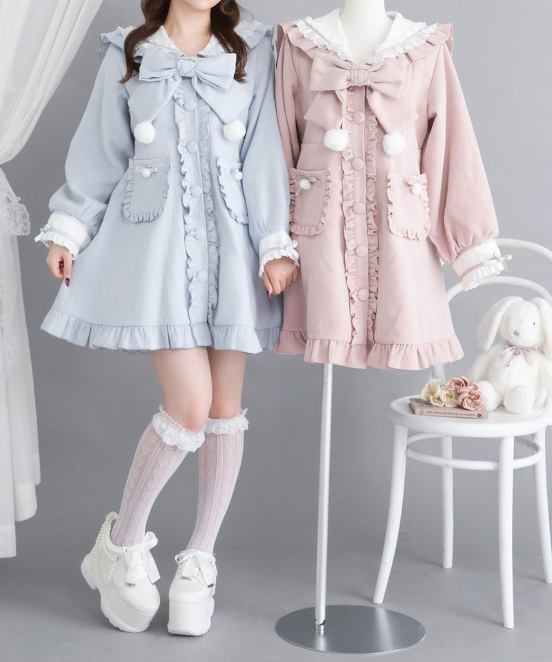 ポンポンリボンセーラー襟フリルコート