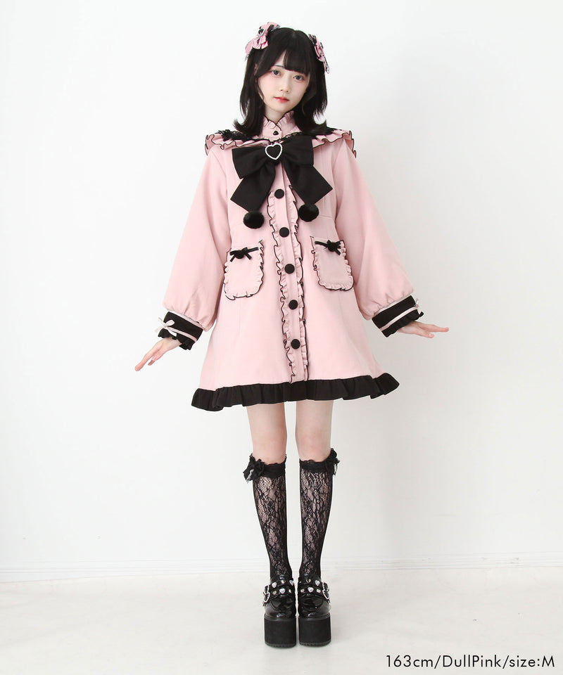 TRALALA ファー付リボンレースパールボタンコート ピンク×黒 平成 地雷系 ポンポンリボンセーラー襟フリルコート – レディース