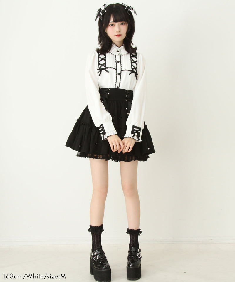 レースアップフリル襟ブラウス