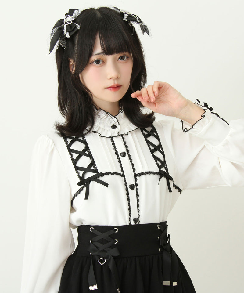 レースアップフリル襟ブラウス
