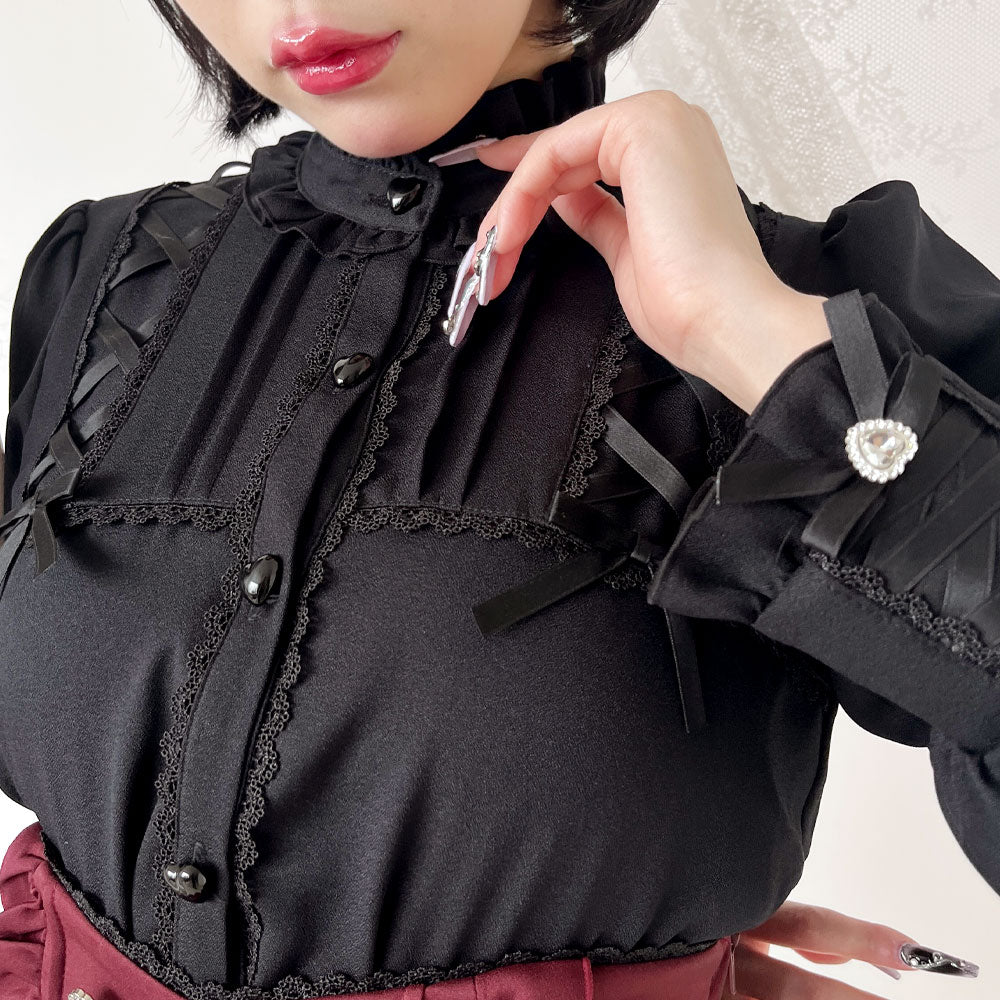 夢展望 ディアマイラブハイネックカフスレース アップブラウス 3L ブラック ハイネックカフスレースアップブラウス – レディース