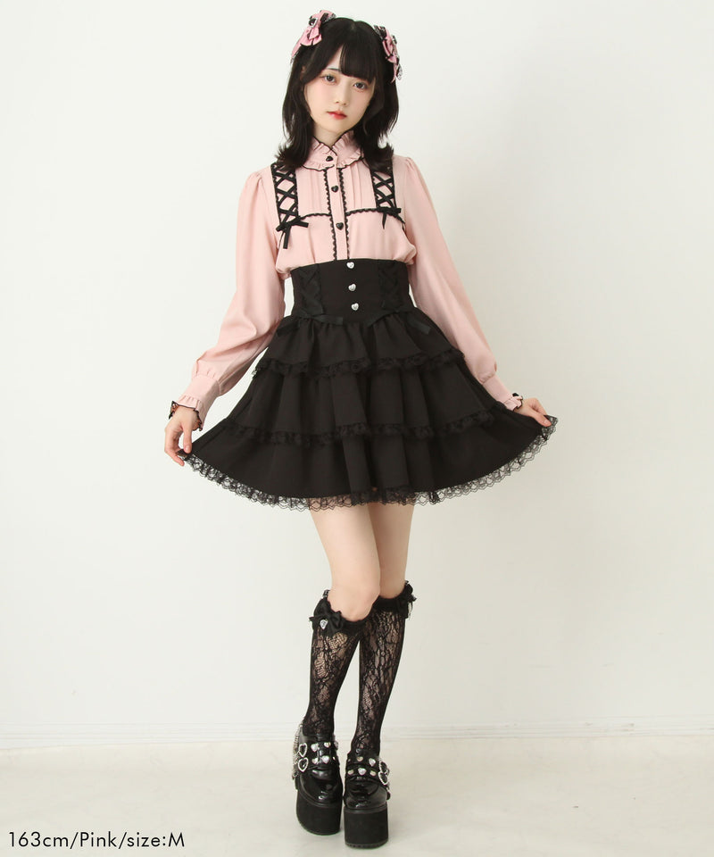 レースアップフリル襟ブラウス