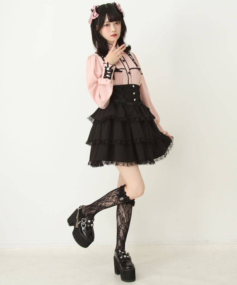 レースアップフリル襟ブラウス