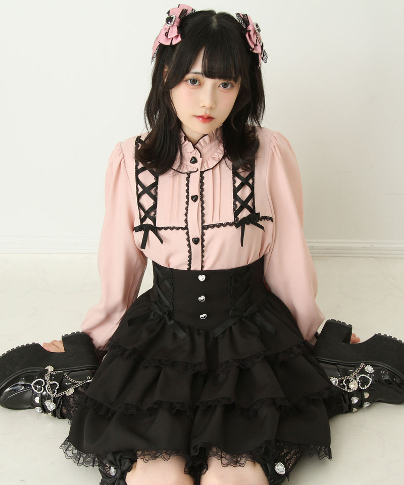 レースアップフリル襟ブラウス