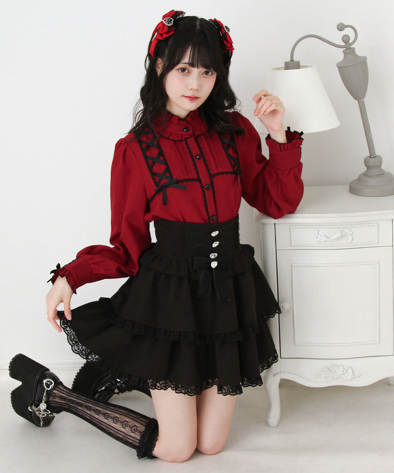 レースアップフリル襟ブラウス