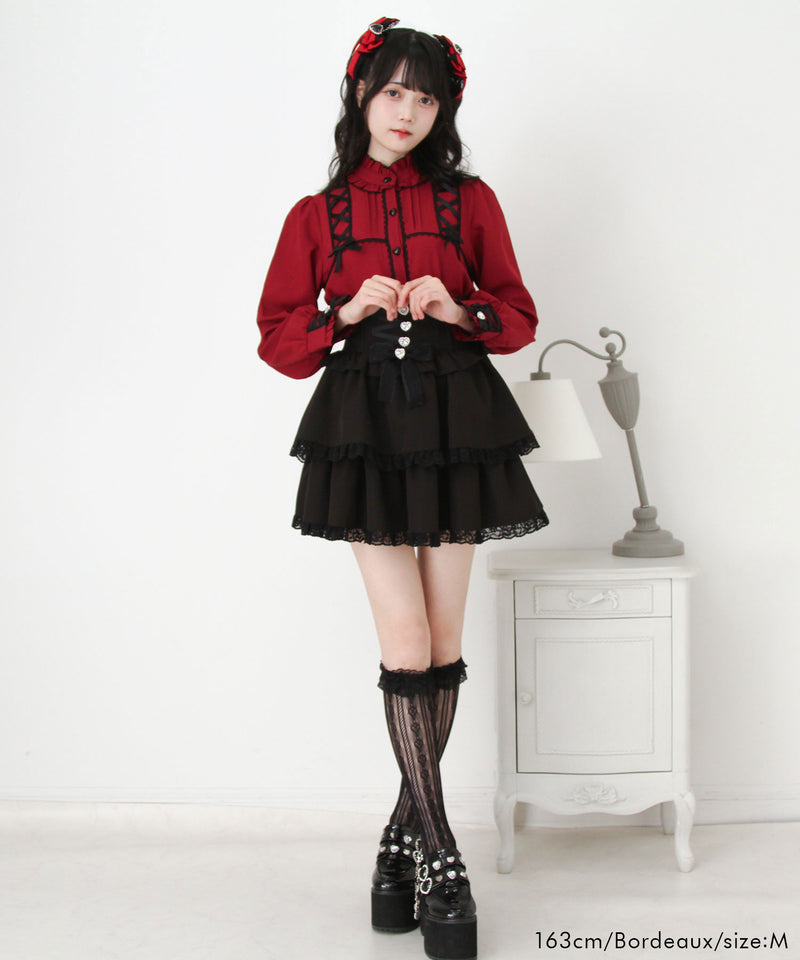 レースアップフリル襟ブラウス