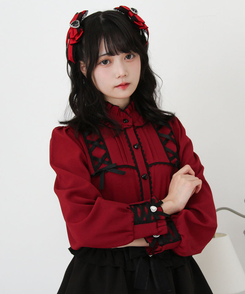 レースアップフリル襟ブラウス