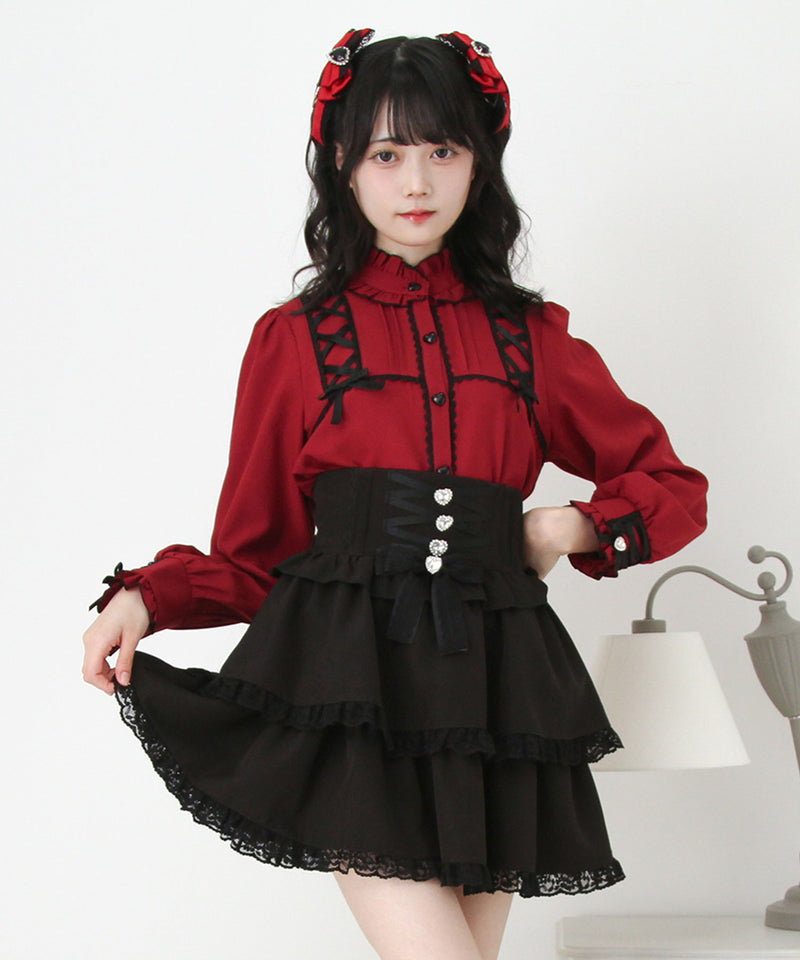 レースアップフリル襟ブラウス